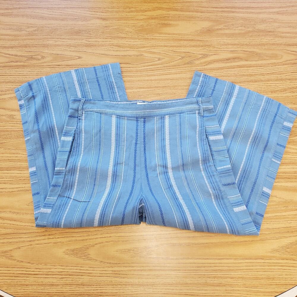 Anthropologie Pants Size Large Womens Blue Linen Cropped Wide Leg Striped Belt - Picture 10 of 11
